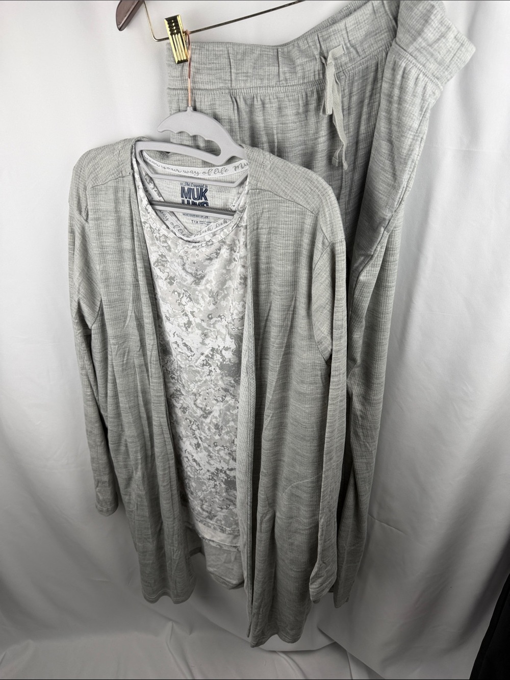Muk Luks Light Gray Three-Piece Pajama Set - Cardigan, Cami & Drawstring Pants